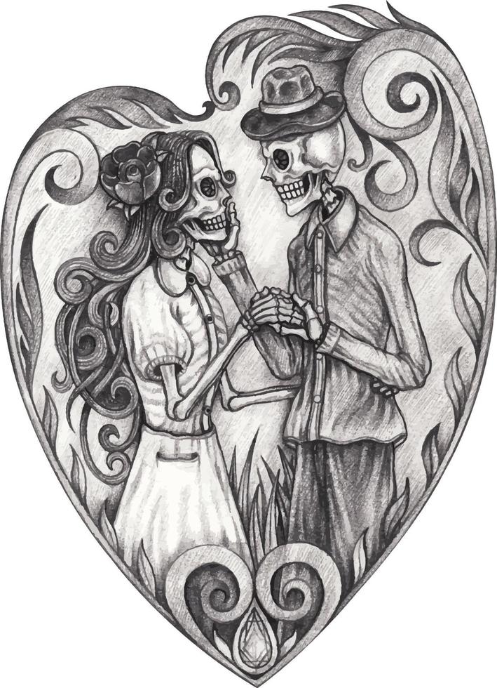 Art couple in love skulls day of the dead. Hand drawing and make graphic vector. vector