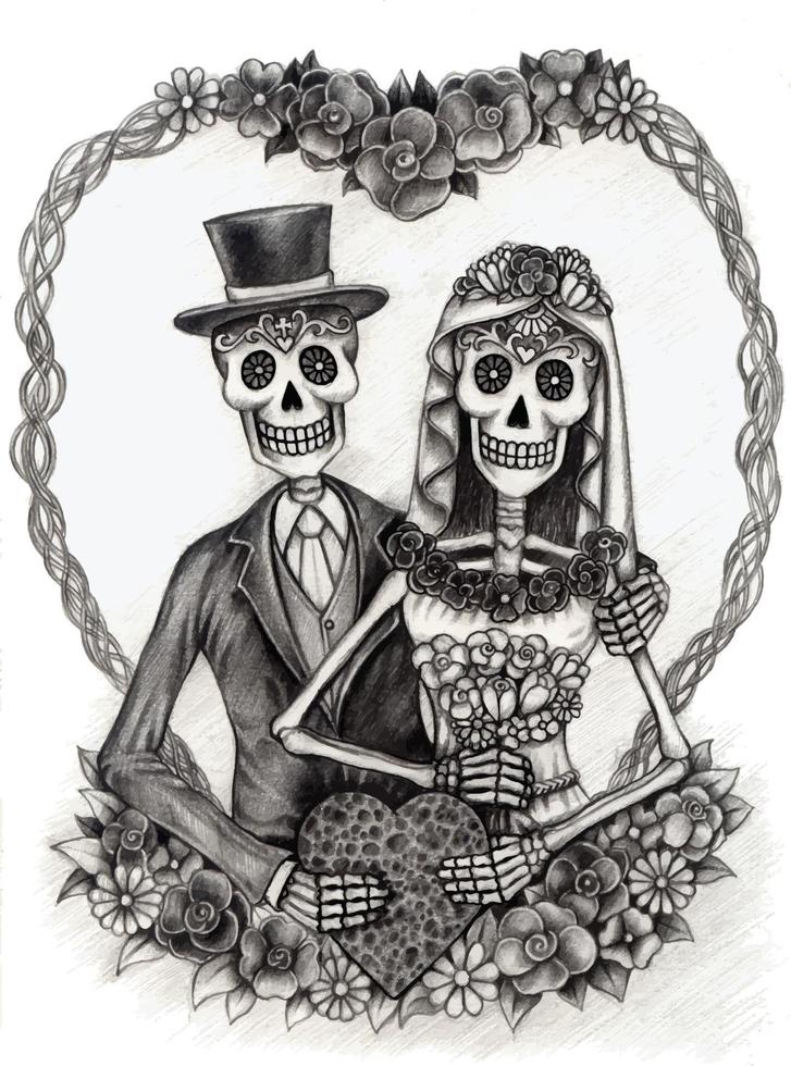 Art couple in love wedding skulls. Hand drawing and make graphic vector. vector