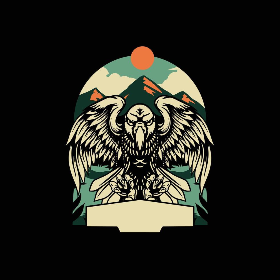 ilustración águila, bosque y montaña, imagen en color sobre fondo negro. vector