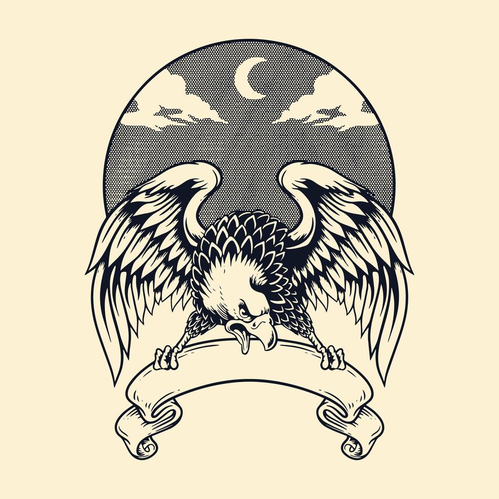 emblema de águila, insignia, etiqueta, logotipo o estampado de camiseta en estilo monocromático vintage vector