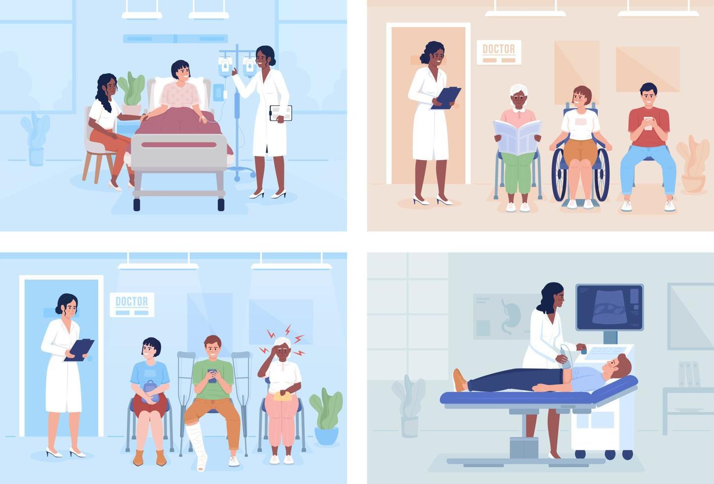 Doctor and patients in hospital flat color vector illustrations set