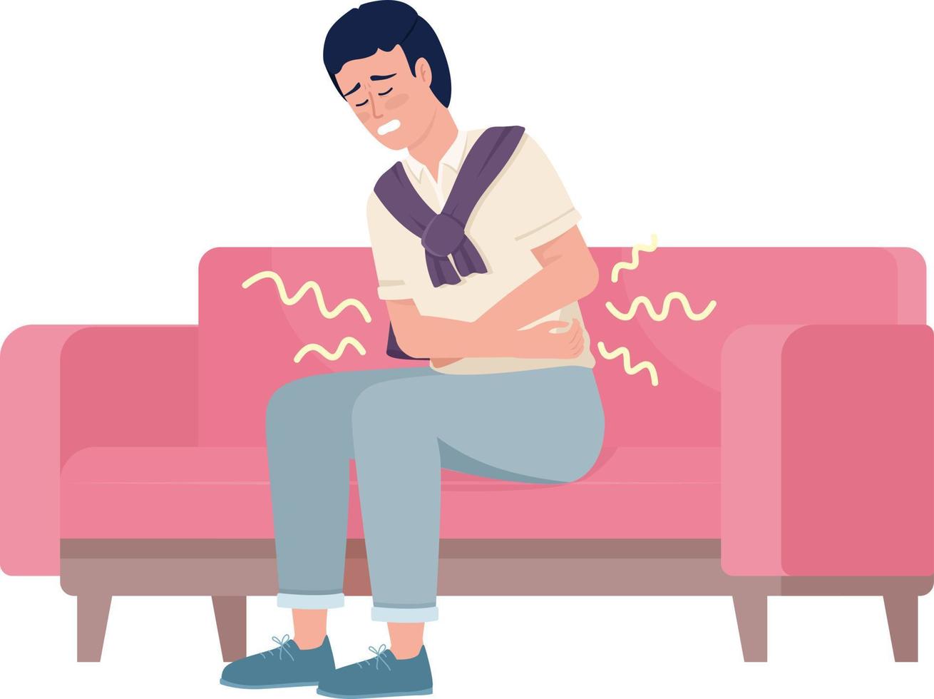 Man suffering from stomach ache on sofa semi flat color vector character