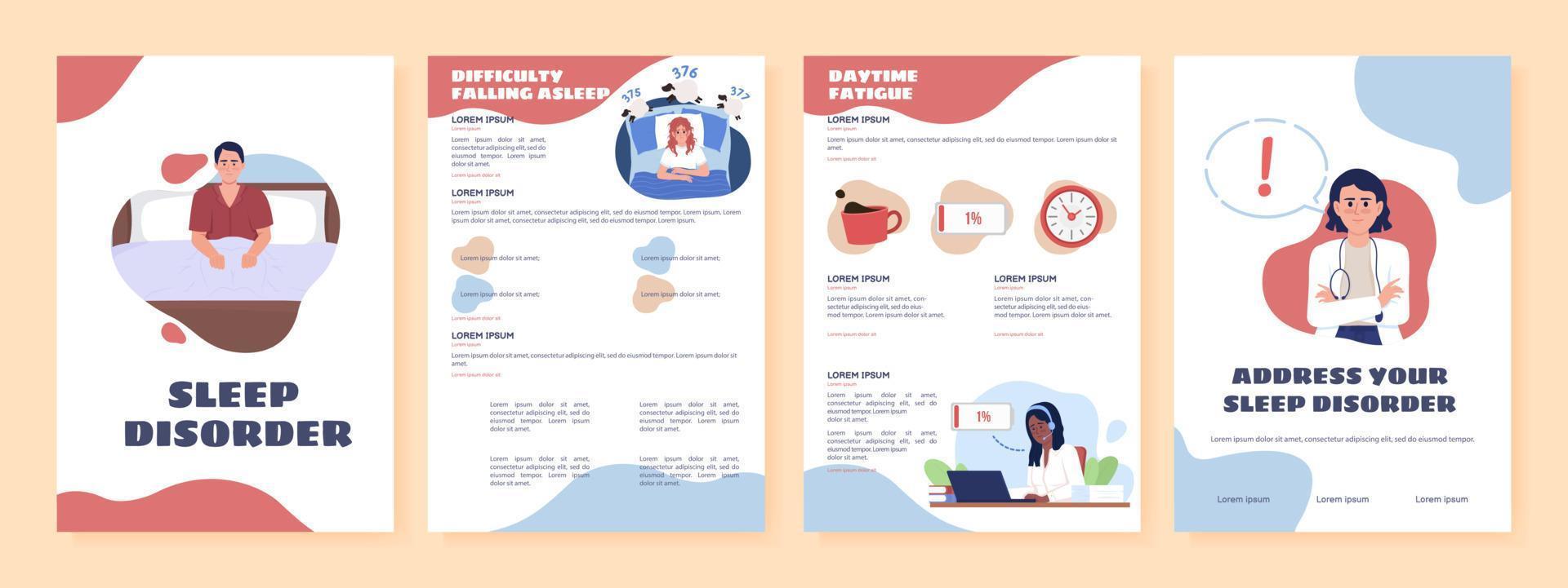 Sleep disorder flat vector brochure template. Booklet, leaflet printable flat color designs. Editable magazine page, reports kit with text space