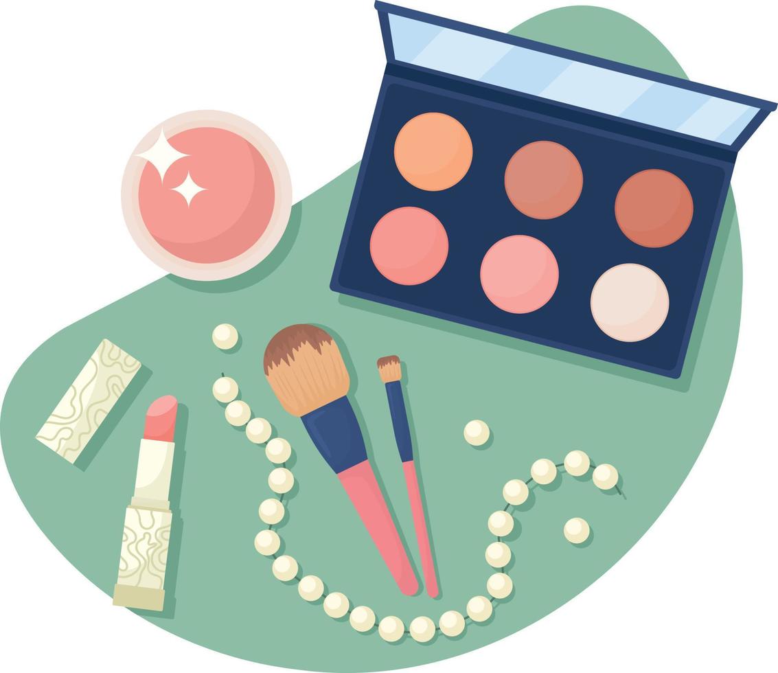 Decorative cosmetic products 2D vector isolated illustration. Makeup accessories flat objects on cartoon background. Visage colourful editable scene for mobile, website, presentation