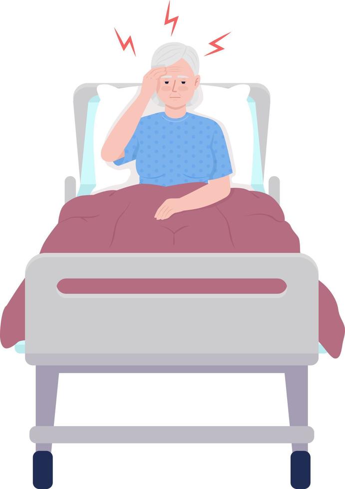 Old woman suffering from headache in hospital semi flat color vector character. Editable figure. Full body person on white. Simple cartoon style illustration for web graphic design and animation