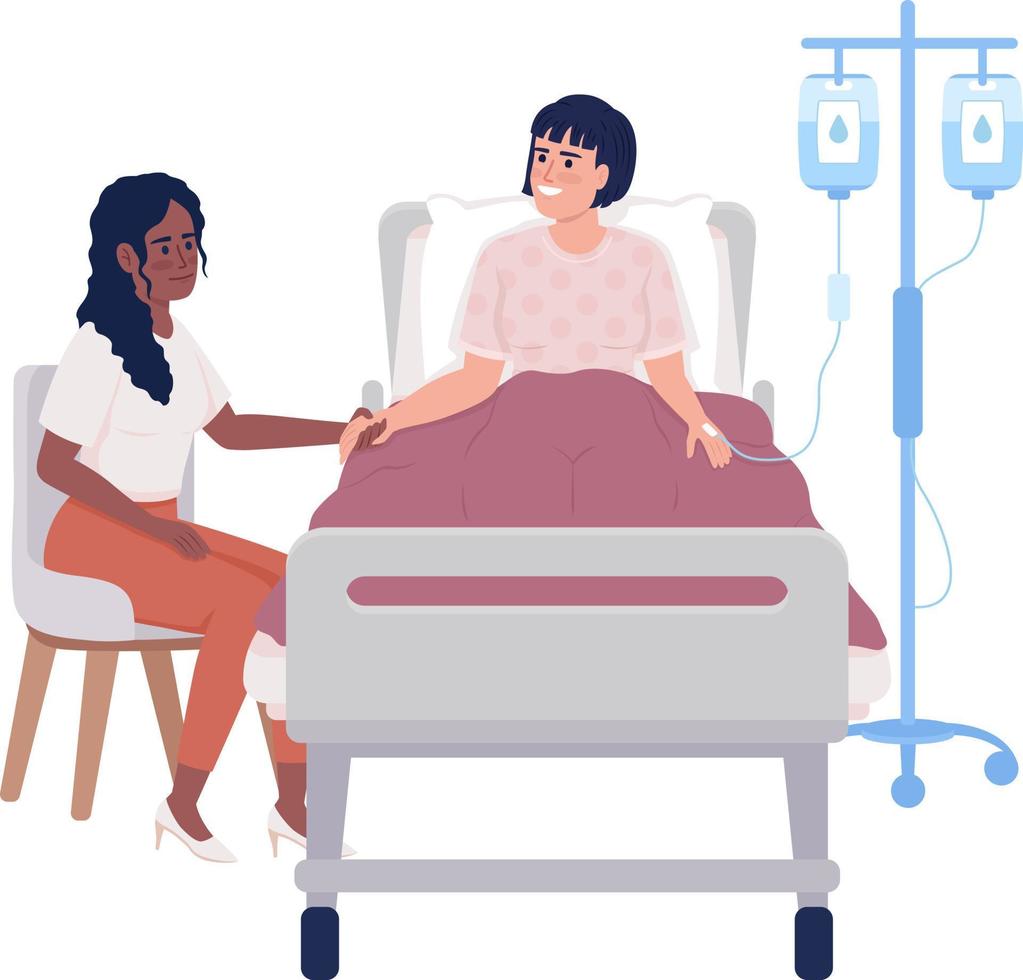 mujer visitando a un amigo enfermo en el hospital personajes vectoriales de color semiplano. figuras editables. personas de cuerpo completo en blanco. medicina ilustraciones de estilo de dibujos animados simples para diseño gráfico web y animación vector