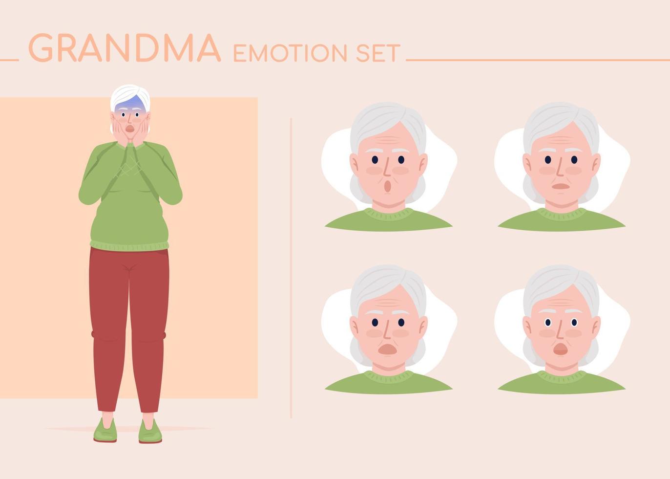 Scared senior woman semi flat color character emotions set. Editable facial expressions. Confusion vector style illustration for motion graphic design and animation