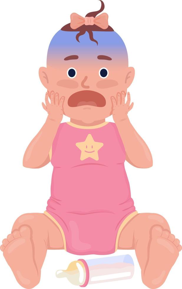 Scared baby girl with bottle semi flat color vector character