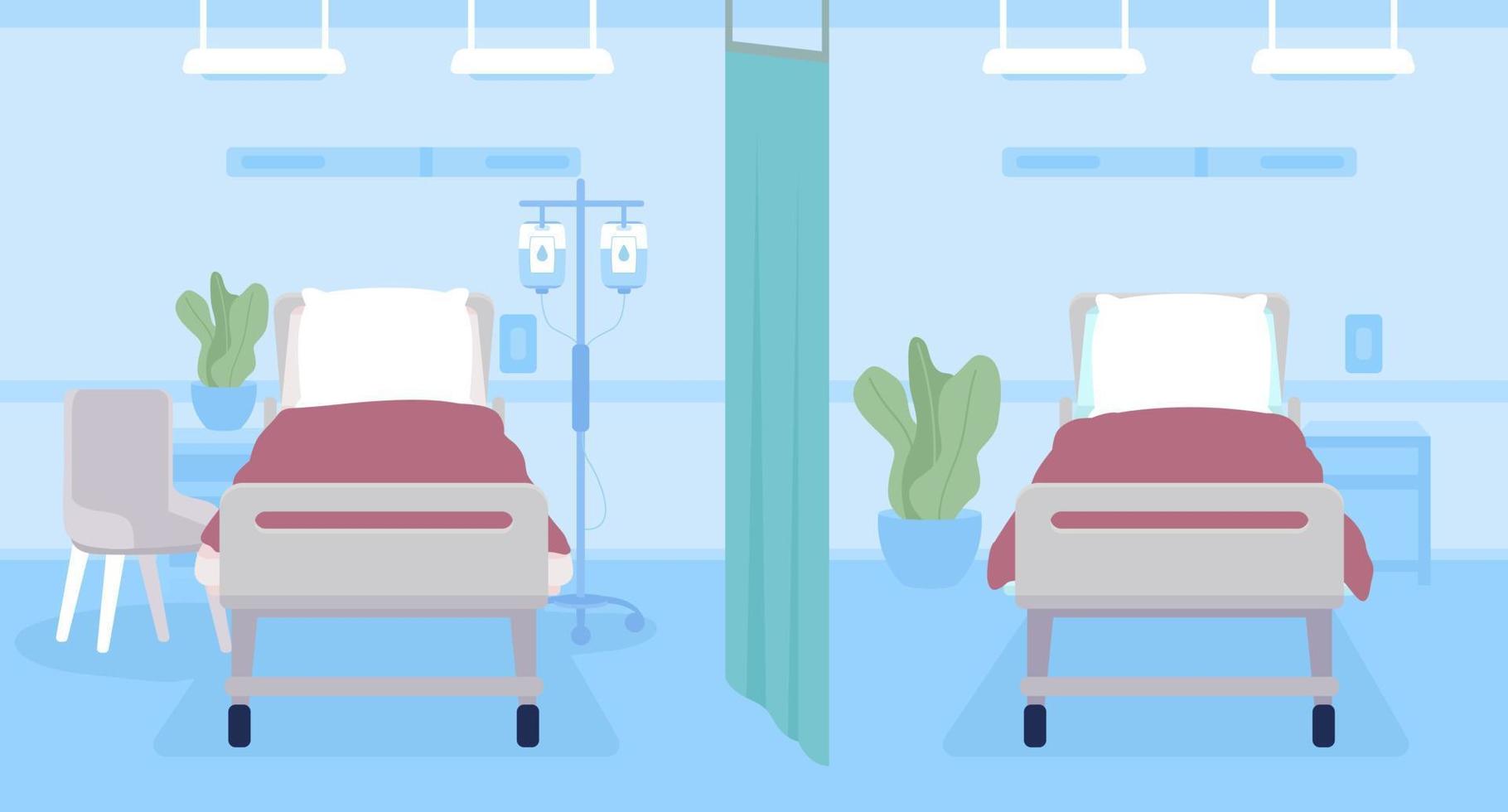 Ilustración de vector de color plano de departamento de emergencia de limpieza moderna. camas vacías en la sala médica. cuidado de los pacientes. interior de dibujos animados simple 2d completamente editable con equipo hospitalario en el fondo