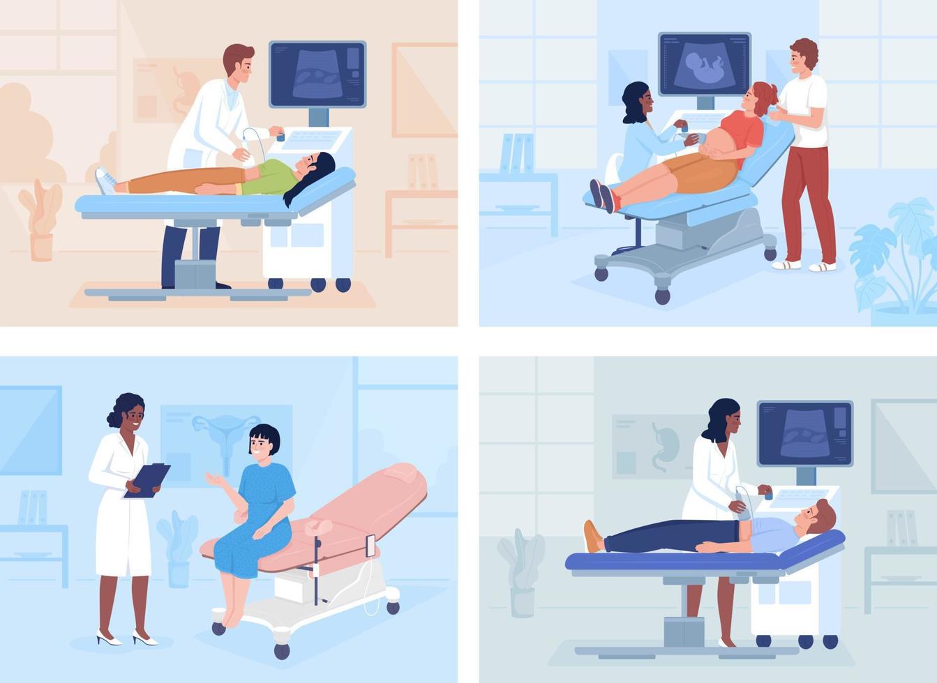 conjunto de ilustraciones de vectores de color plano de examen y consulta médica. tecnología de escaneo. tratamiento. personajes de dibujos animados simples 2d totalmente editables con oficina de hospital en paquete de fondo