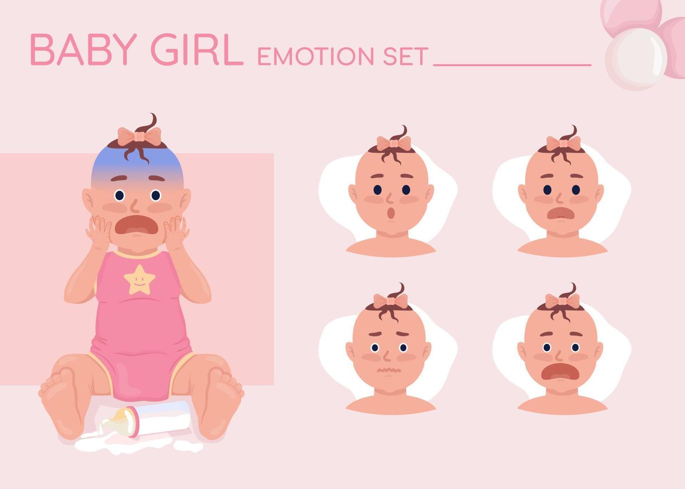 Scared little baby semi flat color character emotions set. Editable facial expressions. Excitement vector style illustration for motion graphic design and animation