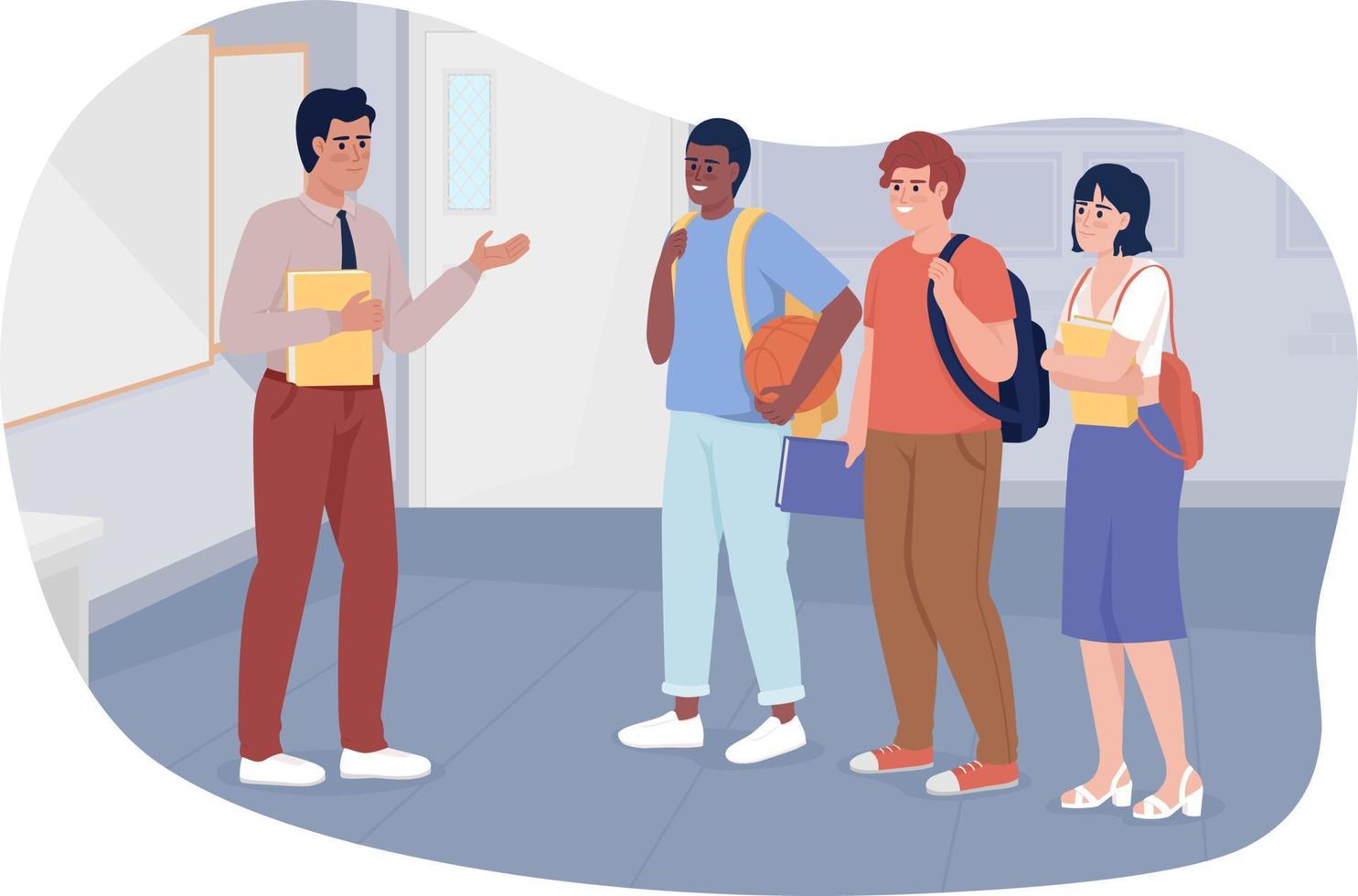 Teacher communicating with students 2D vector isolated illustration. Informal atmosphere flat characters on cartoon background. college colourful editable scene for mobile, website, presentation