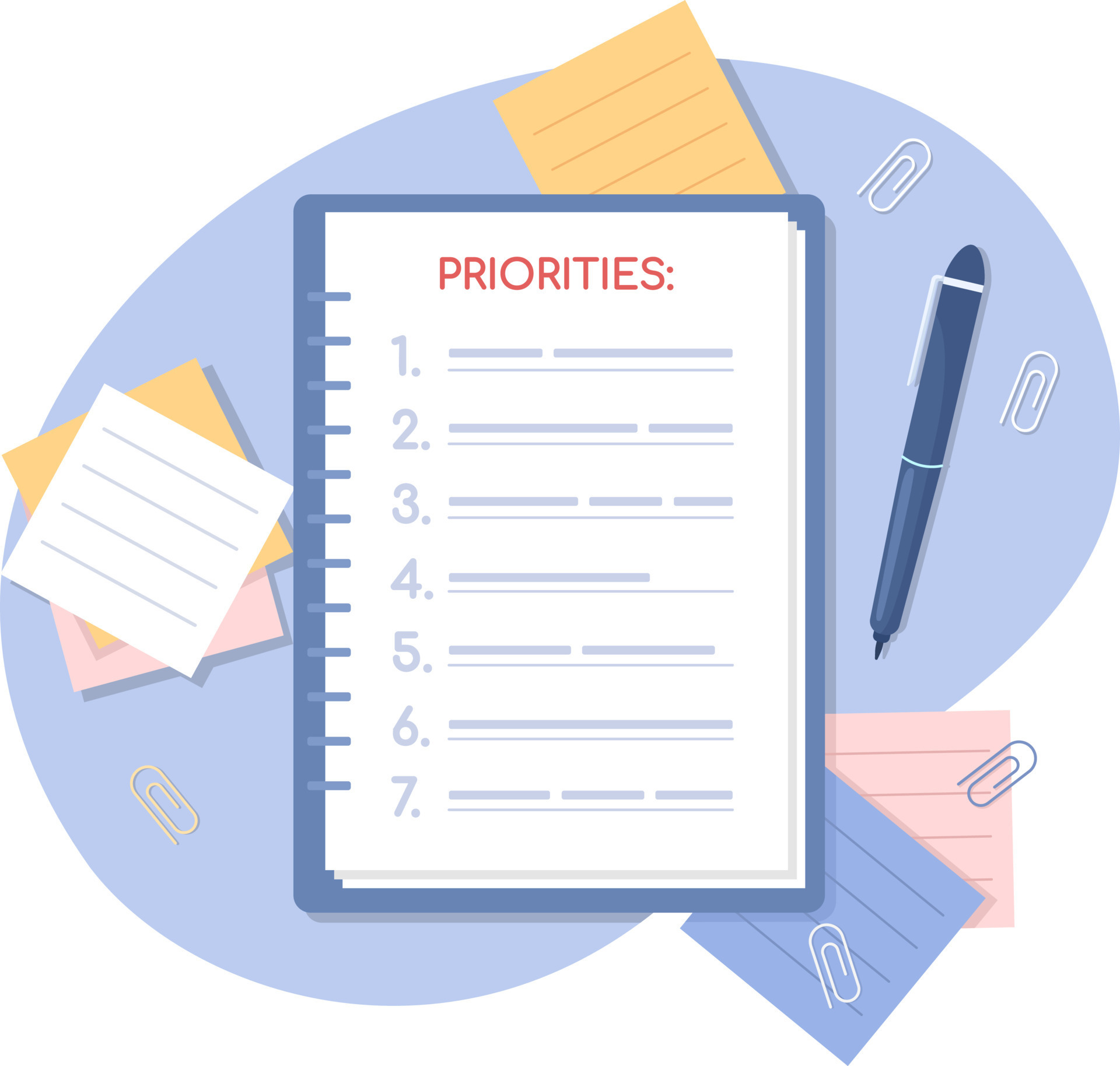 Priorities list 2D vector isolated illustration Business goals