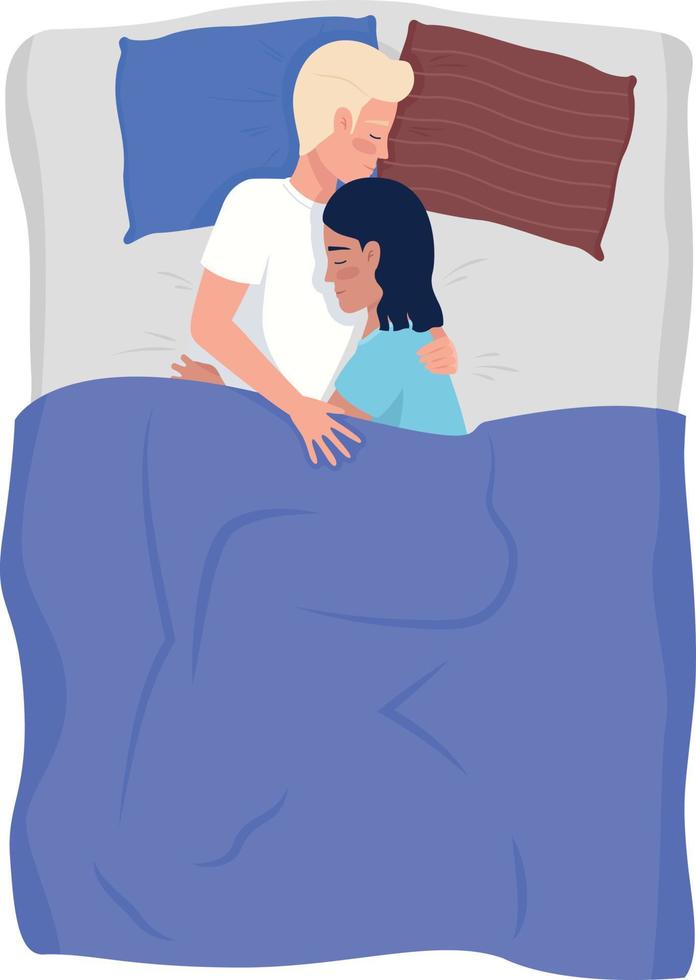 Loving couple sleeping in bed semi flat color vector characters