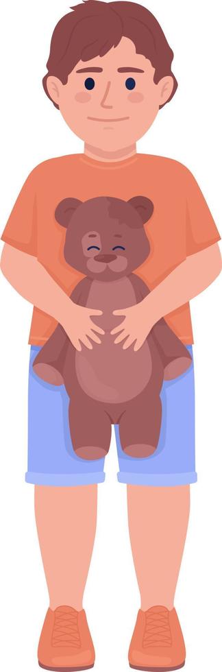 Smiling boy with teddy bear semi flat color vector character