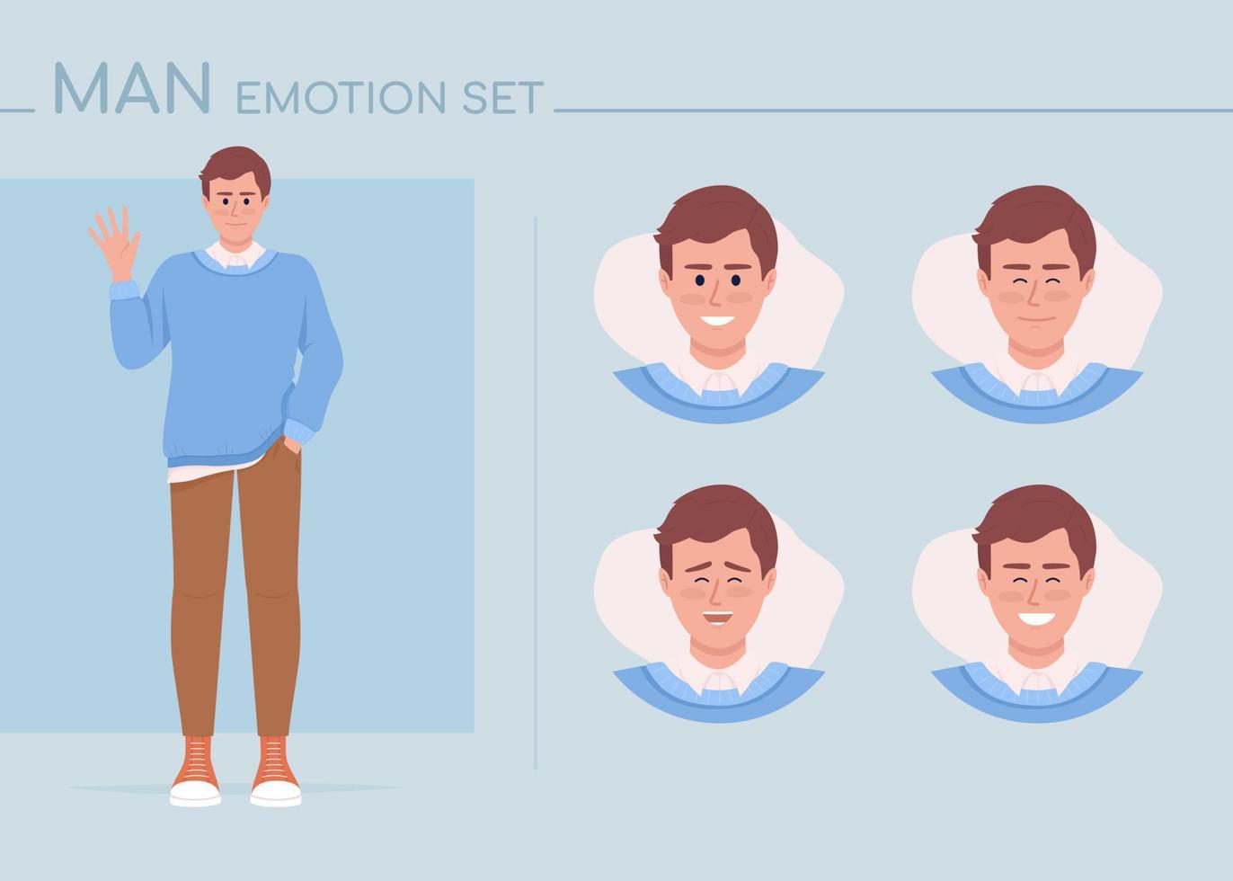 Positive young man semi flat color character emotions set. Editable facial expressions. Happiness vector style illustration for motion graphic design and animation