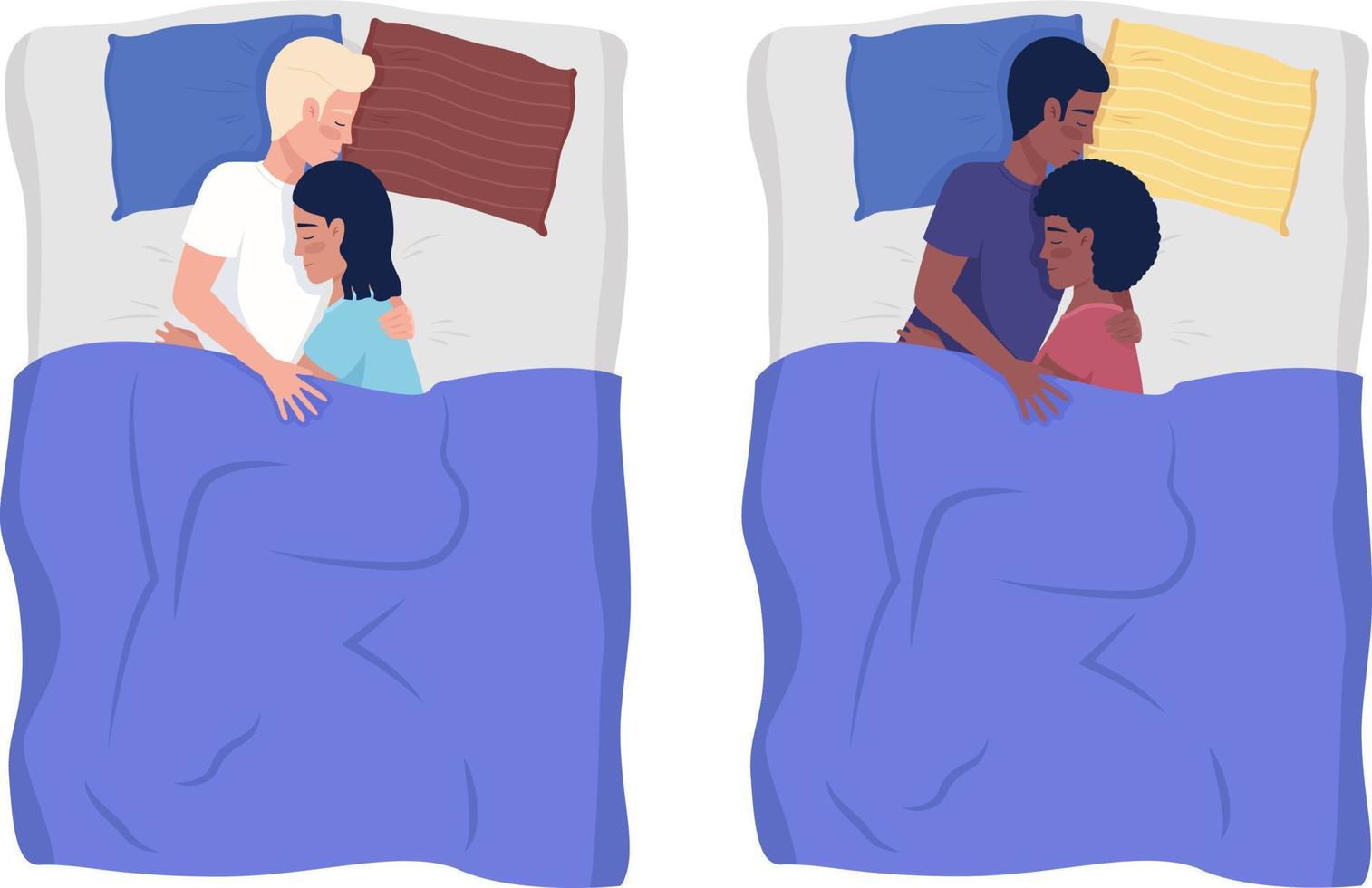 parejas felices durmiendo en camas conjunto de caracteres vectoriales de  color semiplano. figuras editables. personas de