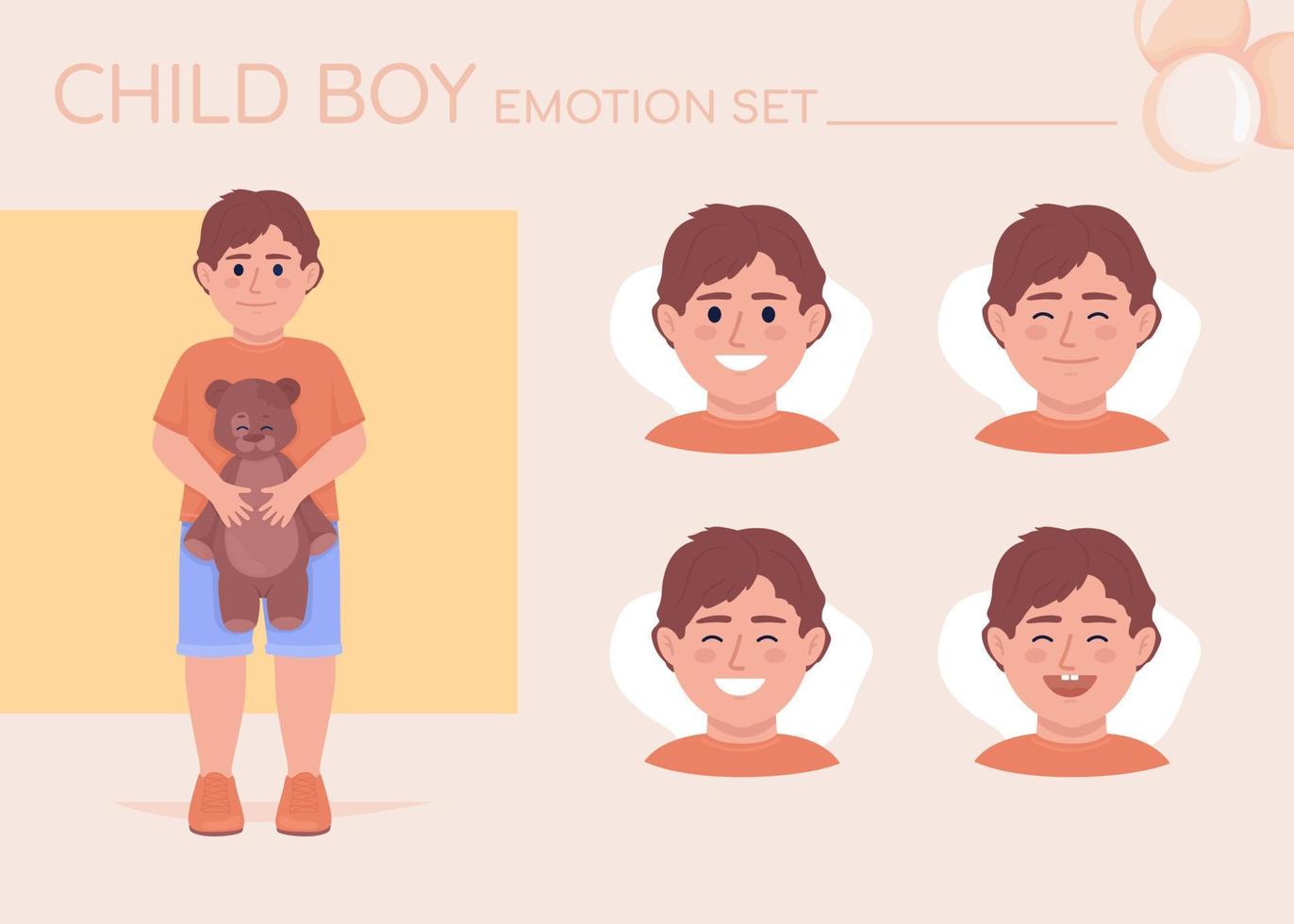 Conjunto de emociones de carácter de color semiplano de niño pequeño feliz. expresiones faciales editables. ilustración de estilo vectorial infantil para animación y diseño gráfico en movimiento vector