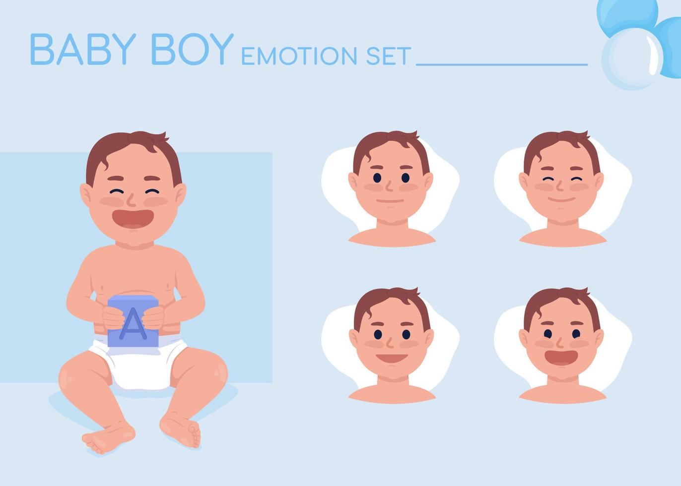 Happy little baby semi flat color character emotions set. Editable facial expressions. Childhood vector style illustration for motion graphic design and animation