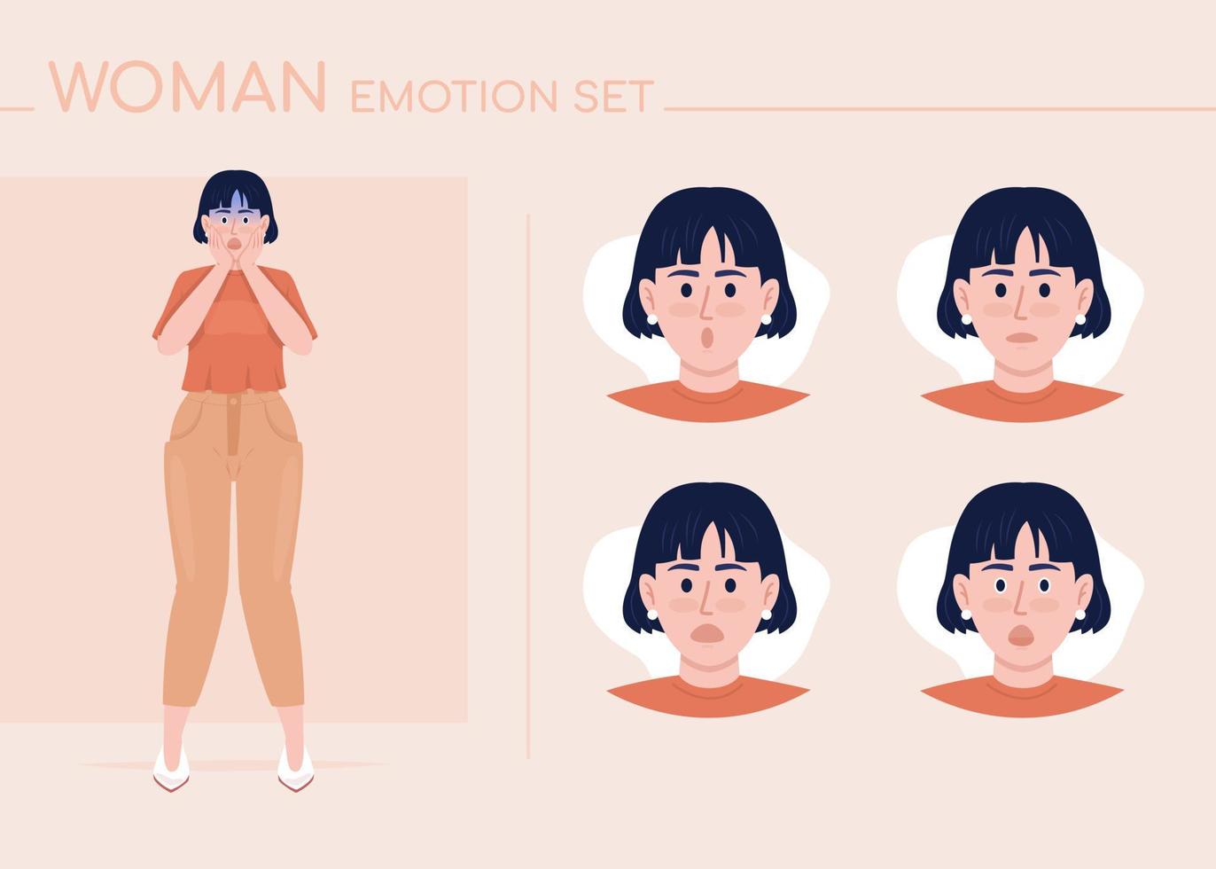 conjunto de emociones de carácter de color semi plano de mujer joven confundida. expresiones faciales editables. ilustración de estilo vectorial de duda para animación y diseño gráfico de movimiento vector