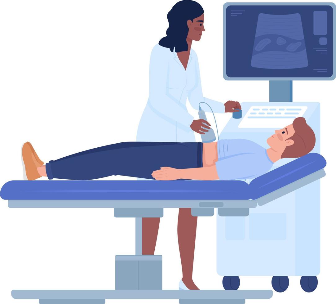 Doctor using ultrasound scanner semi flat color vector characters. Editable figures. Full body people on white. Medicine simple cartoon style illustrations for web graphic design and animation