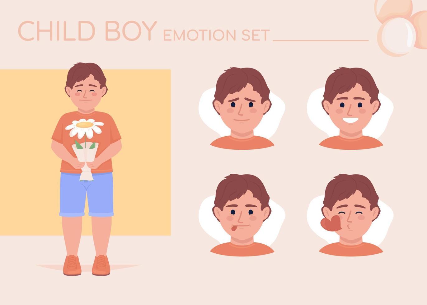 Little boy in love semi flat color character emotions set. Editable facial expressions. Romantic vector style illustration for motion graphic design and animation