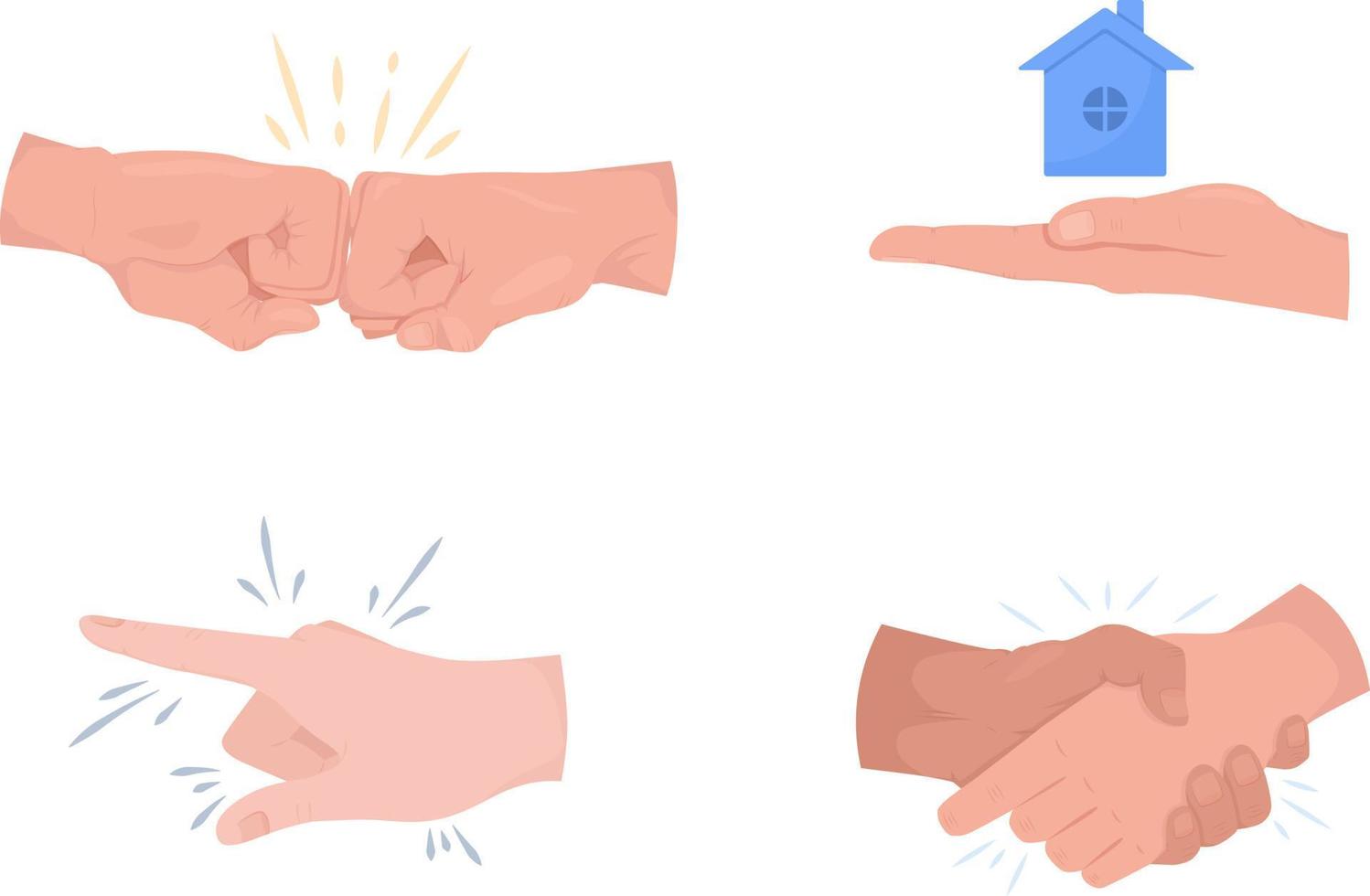 Property purchaser interaction semi flat color vector hand gesture set