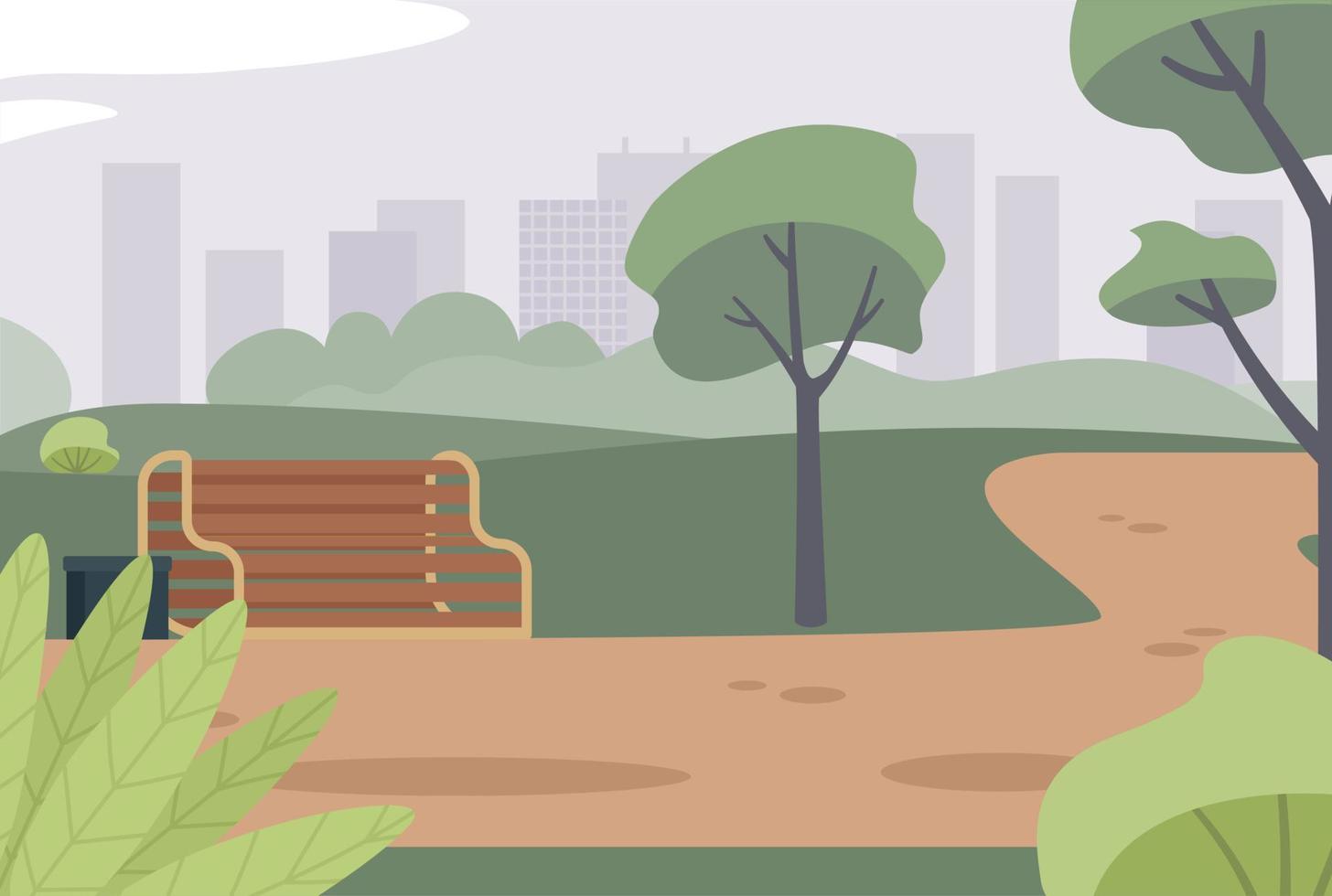 Green city park in summer flat color vector illustration