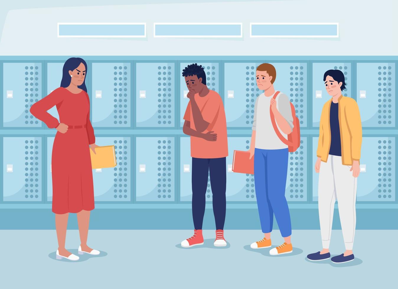 Formidable teacher and upset students flat color vector illustration. Education problem. Punishing rule breaker. Fully editable 2D simple cartoon characters with college hall on background