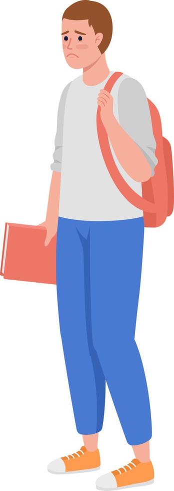 Upset student with backpack and textbook semi flat color vector character