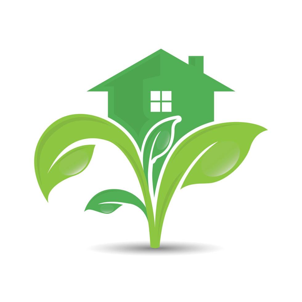 Ecology logo. Logo of green leaf and house on the top. Ecology nature element vector icon.