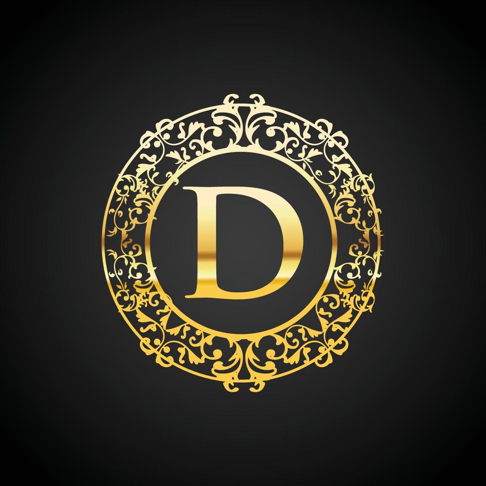 diseño de logotipo de adorno vintage de lujo dorado con letra d vector