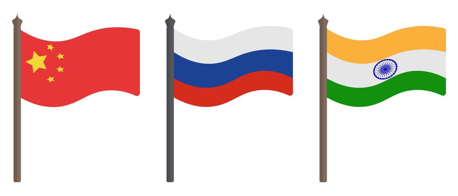 bandera de china, rusia e india. conjunto de ilustraciones de vectores de color. símbolos de los estados. temas políticos. estilo plano signo nacional. fondo aislado. idea para el diseño web.