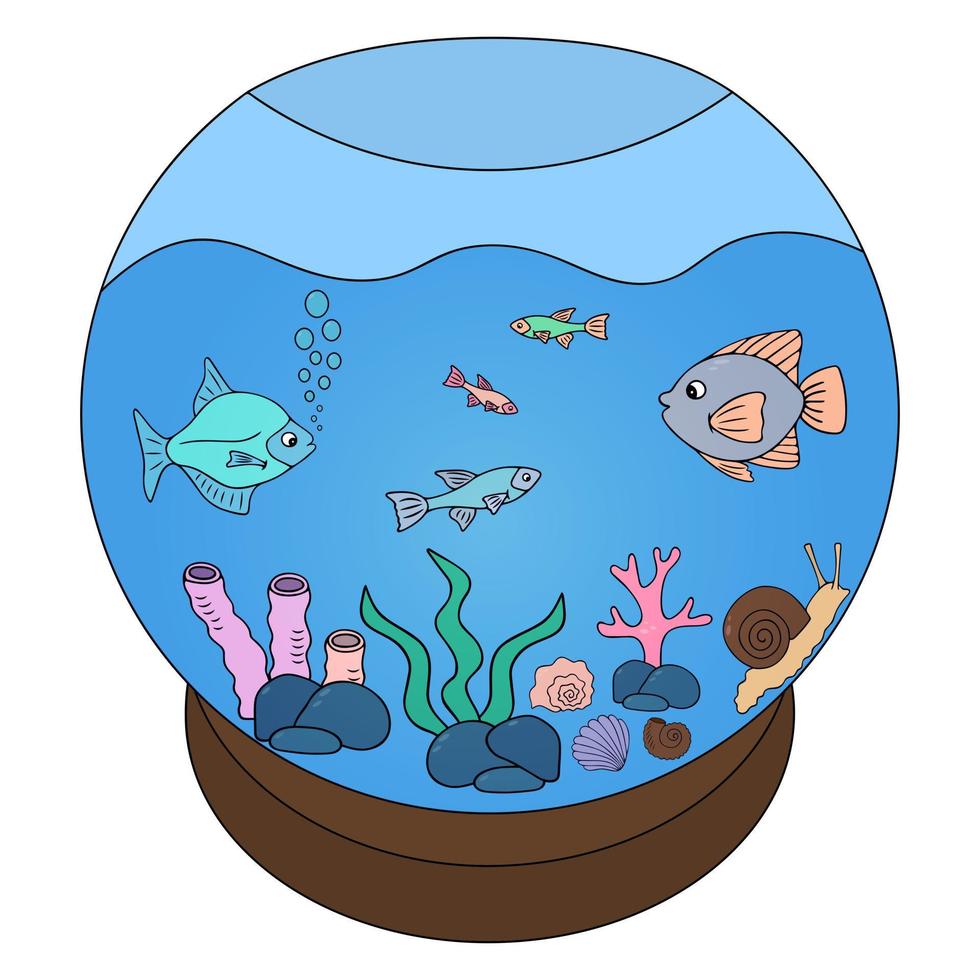 Aquarium with fish. Glass housing for aquatic plants and animals. Color vector illustration. Pets in the water behind glass. Isolated background. Cartoon style. Idea for web design.