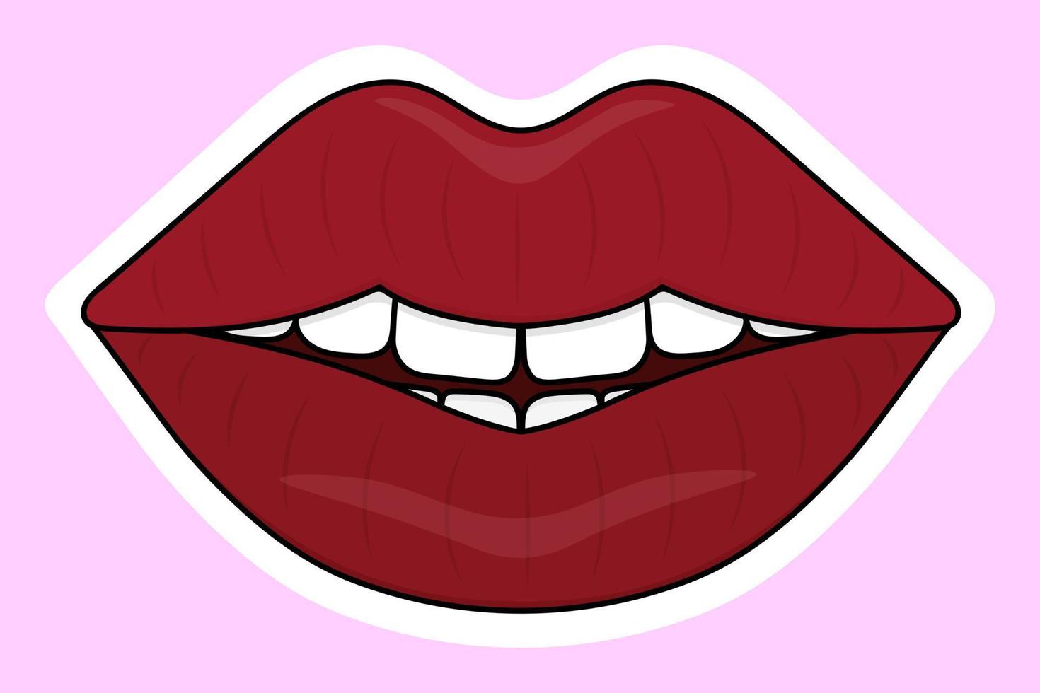 Smile on the lips. Sticker on a white backing. Seductive mouth. Colored vector illustration. Cartoon style. Isolated delicate background. Luscious lipstick shade. An even row of white teeth. Valentine