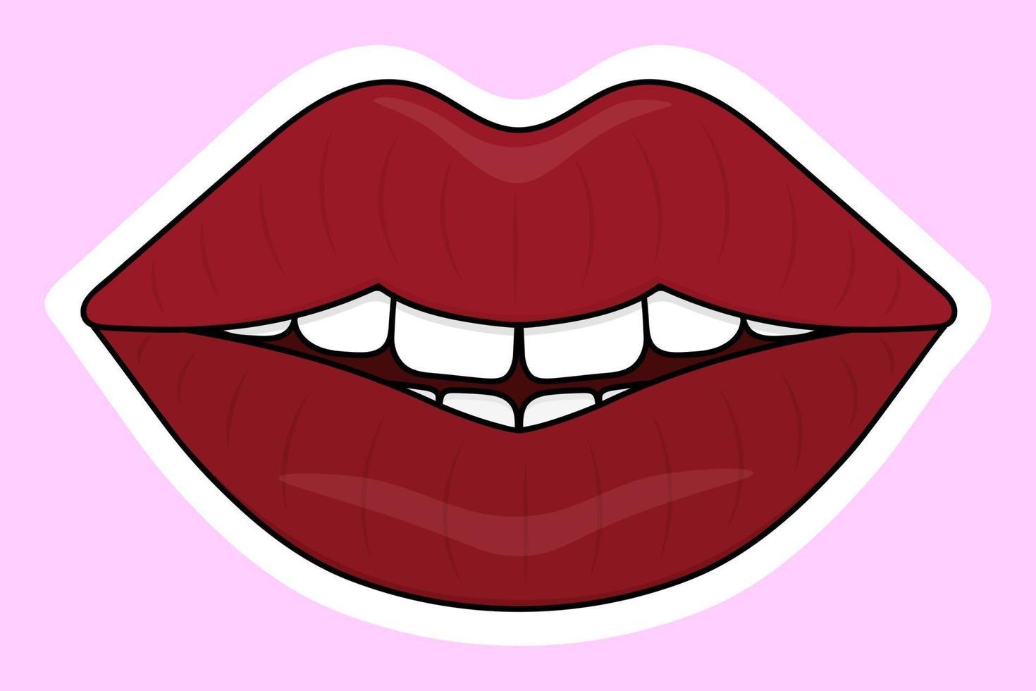 Smile on the lips. Sticker on a white backing. Seductive mouth. Colored vector illustration. Cartoon style. Isolated delicate background. Luscious lipstick shade. An even row of white teeth. Valentine