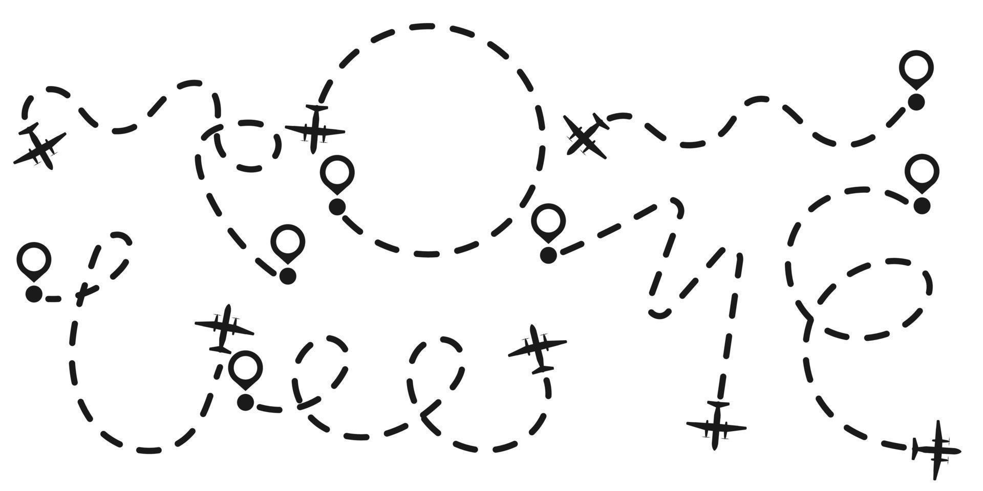 Airplane dotted route line trip vector illustration. Flight transport plane black path trace traffic way. Dash silhouette point start travel