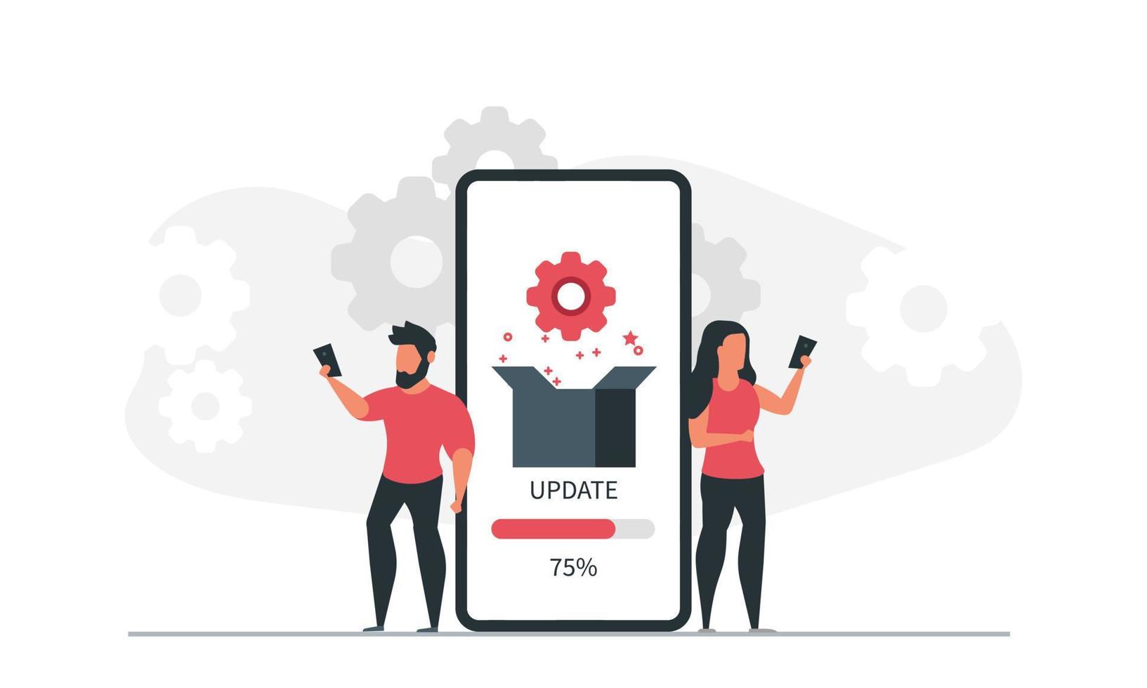 instalación y actualización de aplicaciones por parte de hombres y mujeres por teléfono. Ilustración de vector de concepto de personas y aplicaciones móviles