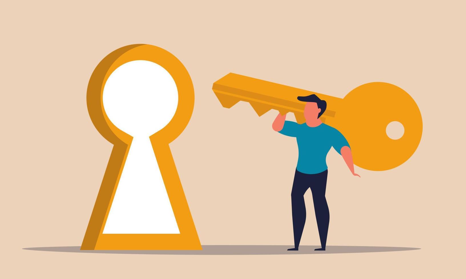 Success key with man and keyhole. Business search and leadership open door career vector illustration concept. Finance future and golden growth. Unlock way to innovation and problem opportunity