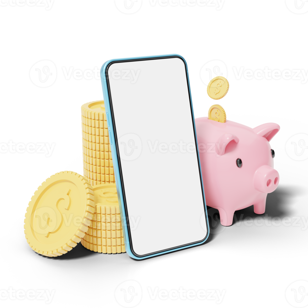 Gold coin falling into pink piggy bank. Phone with stacks coins. Mobile banking and Online payment service. Save dollar in Pig money box. Saving money wealth and business financial concept. 3d render. png