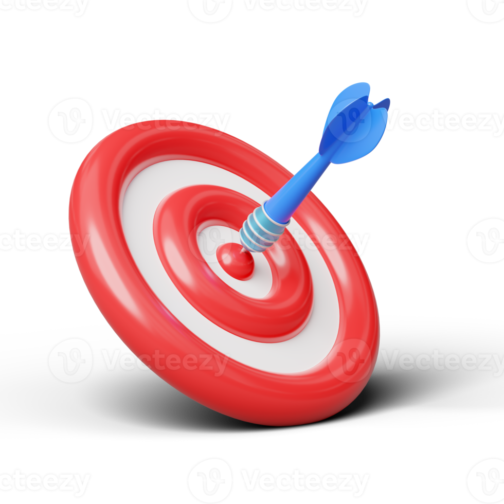 3d blue arrow in red bullseye with shadow. Target landing web page. Business finance, Marketing goal success, target achievement concept. cartoon icon minimal. 3d render with clipping path. png