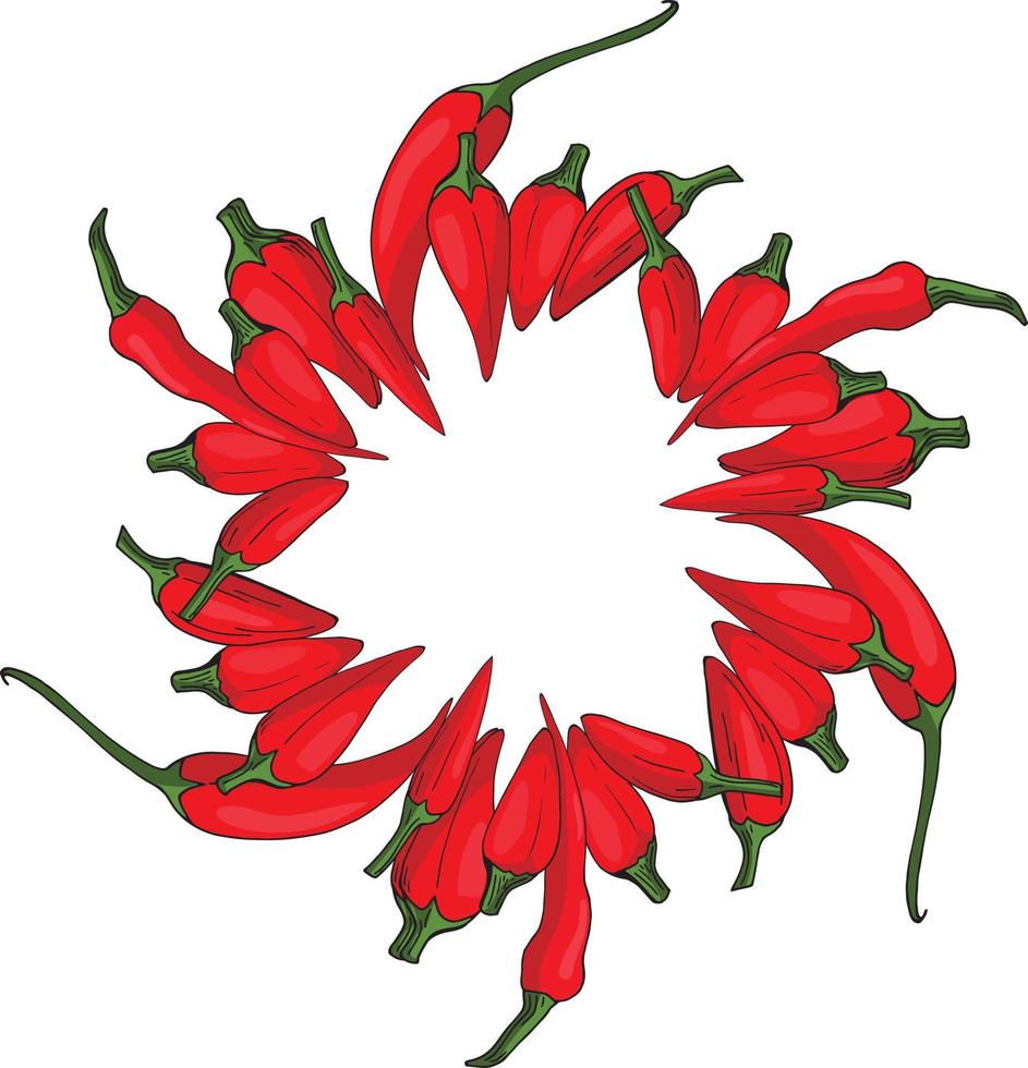 Round frame of isolated hot chili peppers on white background. Vector image.