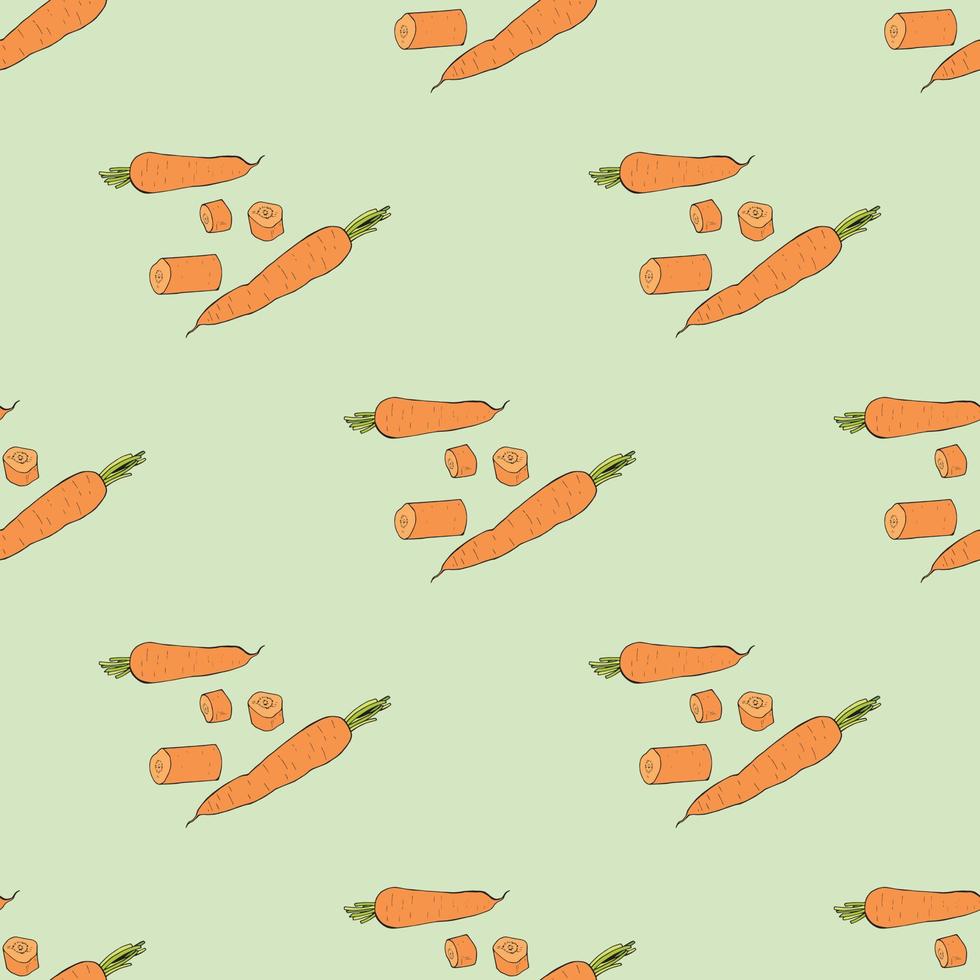 Seamless background with colored carrots and carrot slices on light green background. Endless pattern for your design. Vector. vector