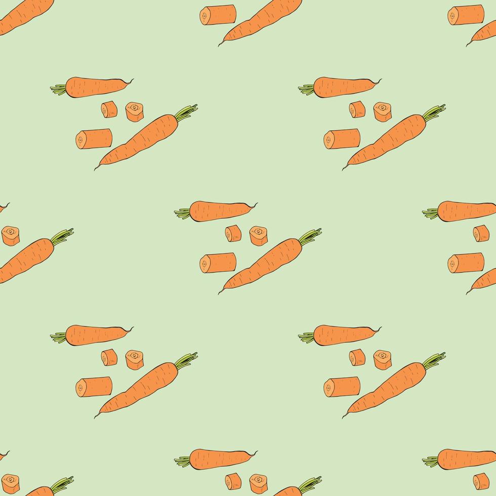 Seamless background with colored carrots and carrot slices on light green background. Endless pattern for your design. Vector. vector