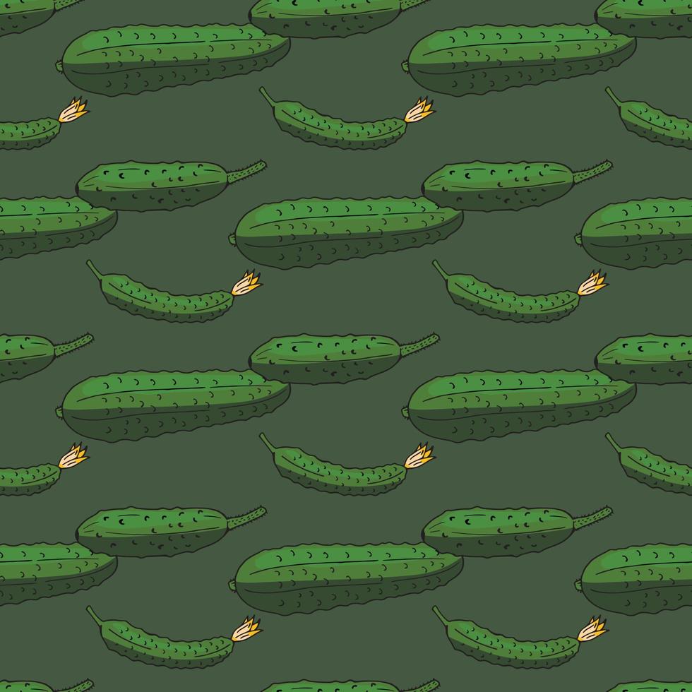 Seamless background with green cucumbers on cozy dark background. Endless pattern for your design. Vector. vector