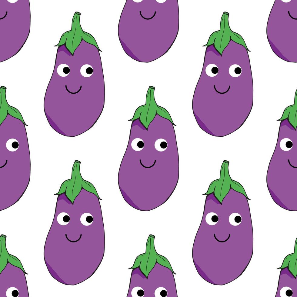 Cute seamless pattern of positive eggplant. Kawaii background for your design. vector