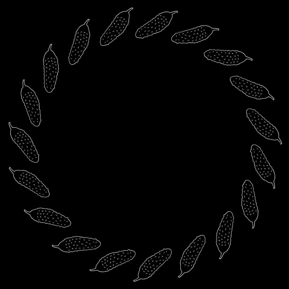 Round frame with white cucumber on black background. Isolated frame for your design.  Vector image.