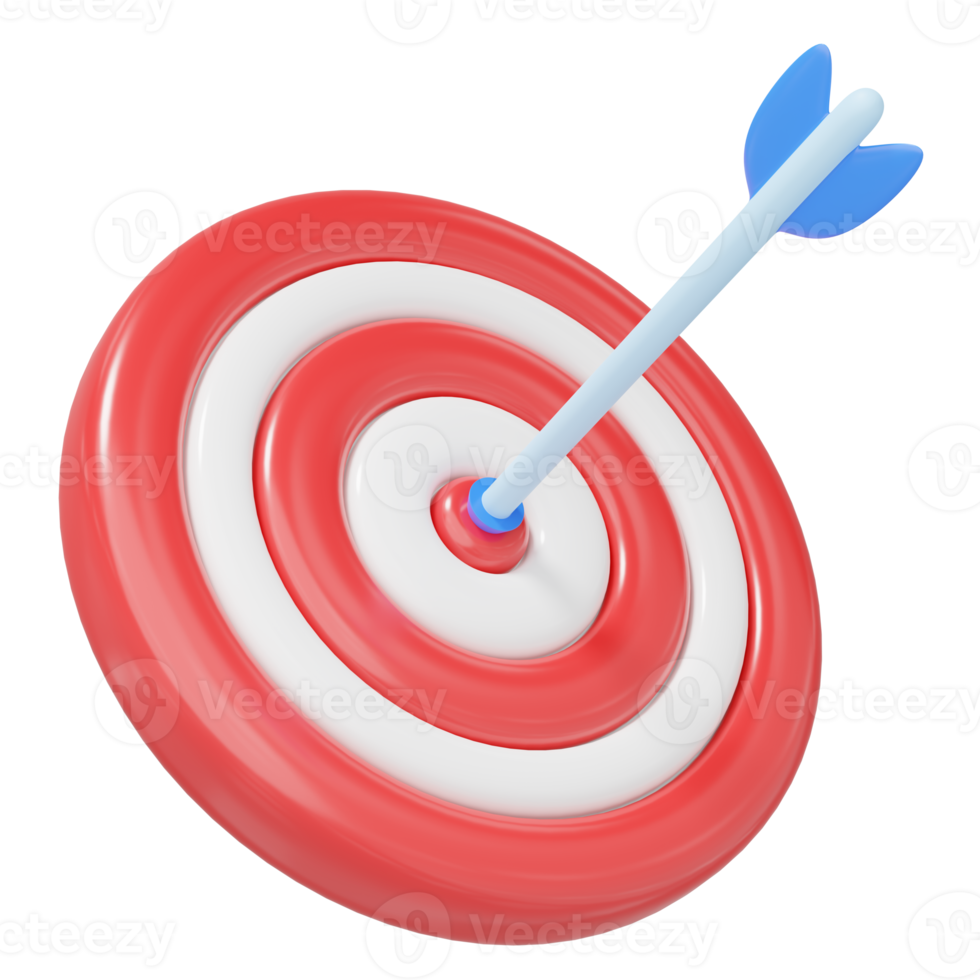 3d blue arrow in red bullseye with shadow. Target landing web page. Business finance, Marketing goal success, target achievement concept. cartoon icon minimal. 3d render with clipping path. png