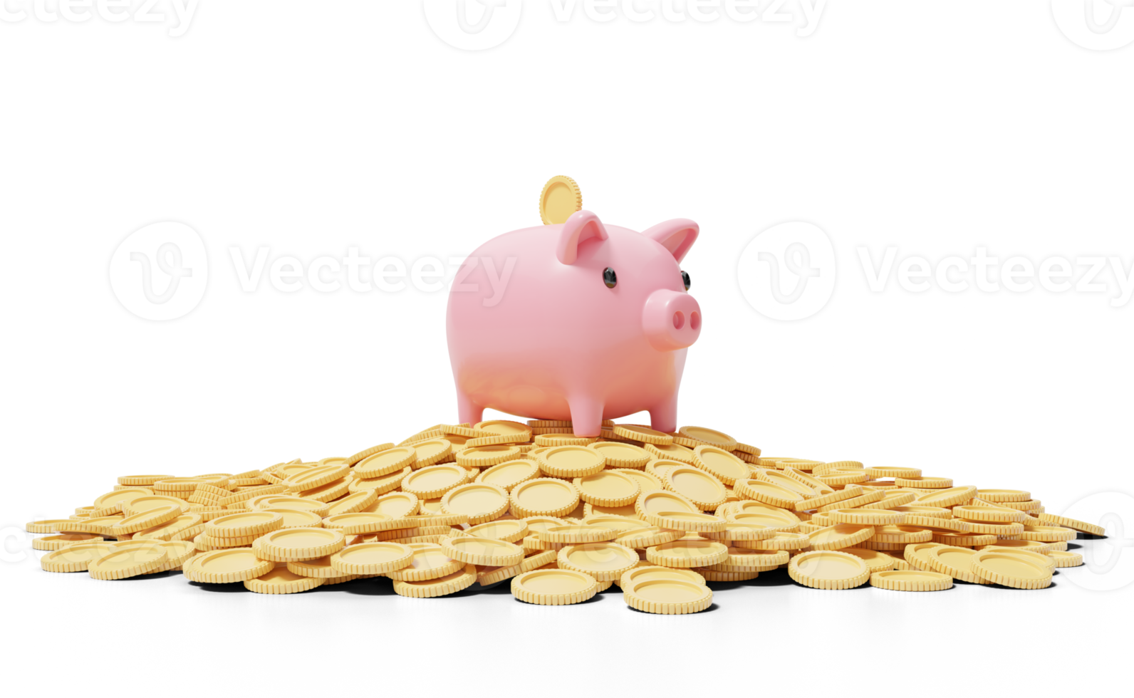 Gold coin falling into pink piggy bank on a pile of coins. mobile banking and Online payment service. Save dollar coin in Pig money box. Saving money wealth and business financial concept. 3d render. png