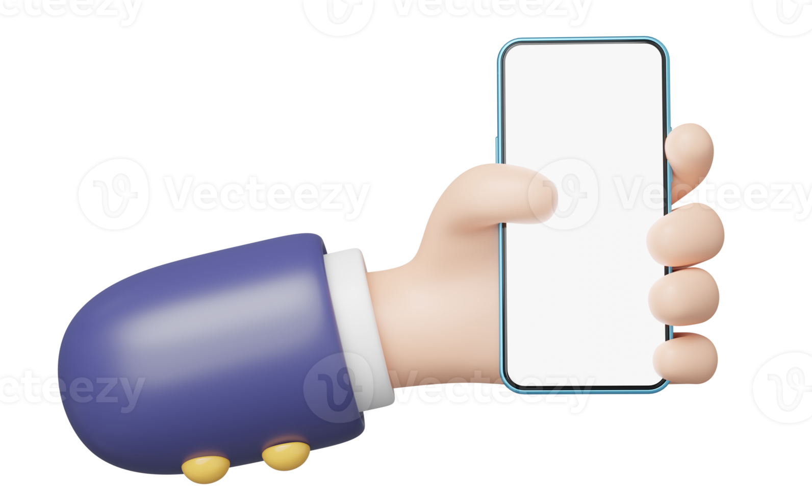3D human hand holding mobile phone icon. Businessman wearing suit with smartphone blank white screen floating isolated. Mockup space for display application. Business cartoon style. 3d icon render. png